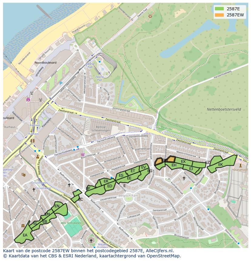 Afbeelding van het postcodegebied 2587 EW op de kaart.