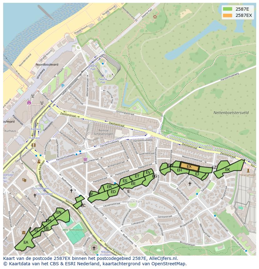 Afbeelding van het postcodegebied 2587 EX op de kaart.