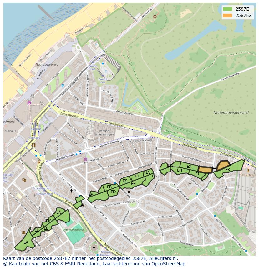Afbeelding van het postcodegebied 2587 EZ op de kaart.