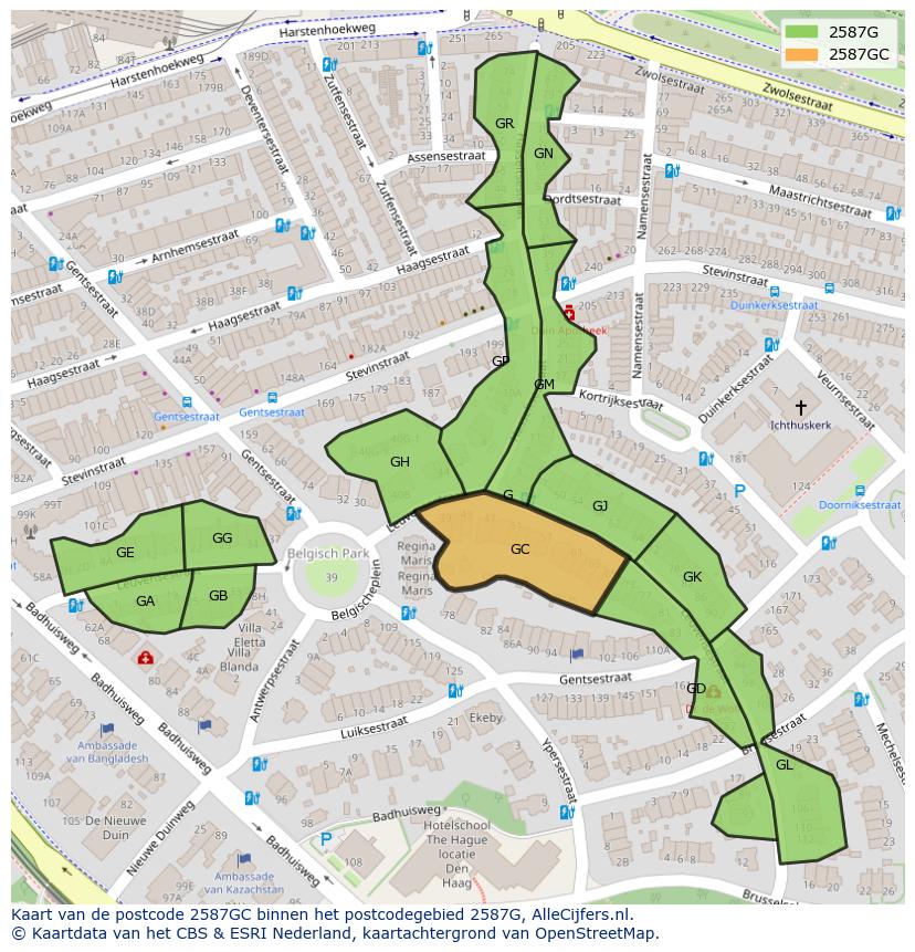 Afbeelding van het postcodegebied 2587 GC op de kaart.