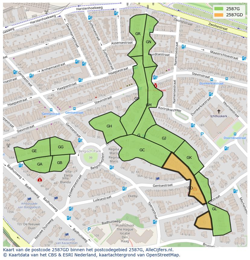 Afbeelding van het postcodegebied 2587 GD op de kaart.