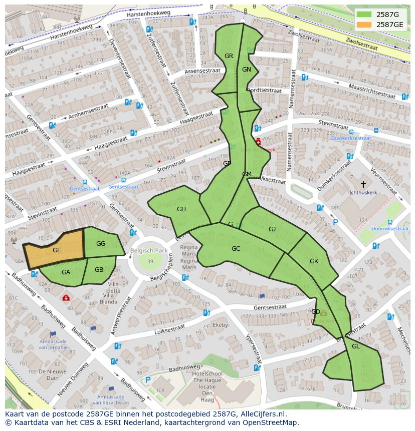 Afbeelding van het postcodegebied 2587 GE op de kaart.