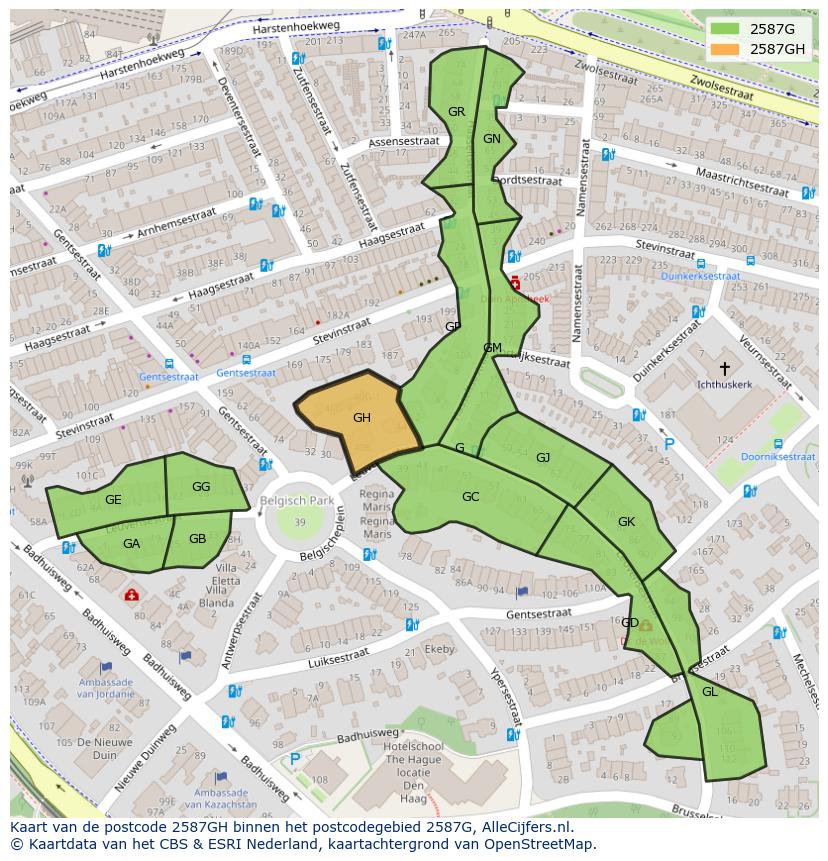 Afbeelding van het postcodegebied 2587 GH op de kaart.