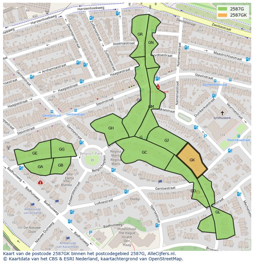 Afbeelding van het postcodegebied 2587 GK op de kaart.