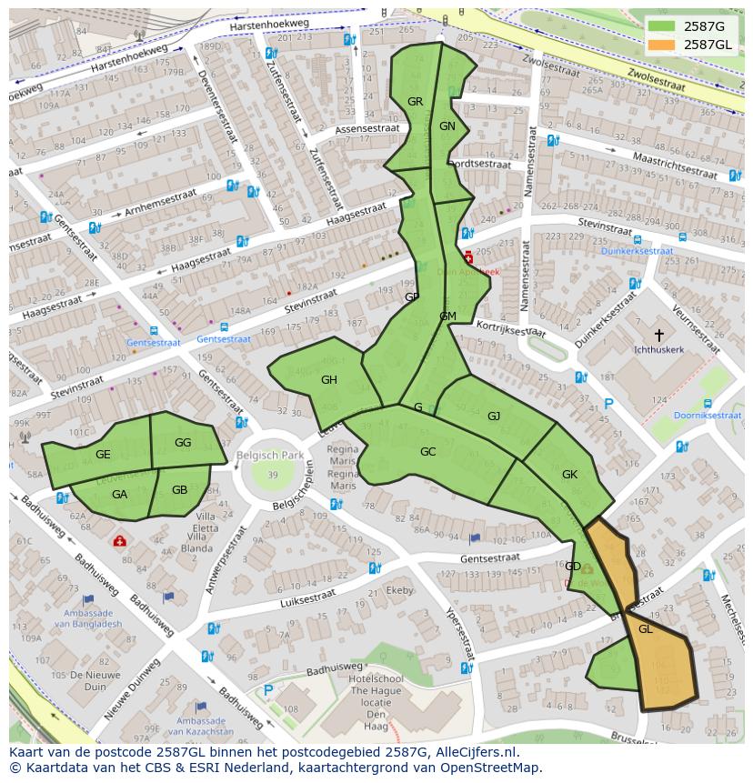 Afbeelding van het postcodegebied 2587 GL op de kaart.