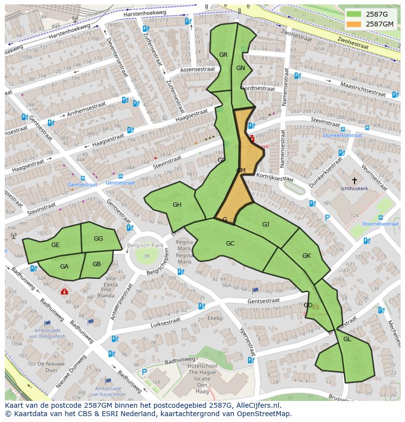 Afbeelding van het postcodegebied 2587 GM op de kaart.