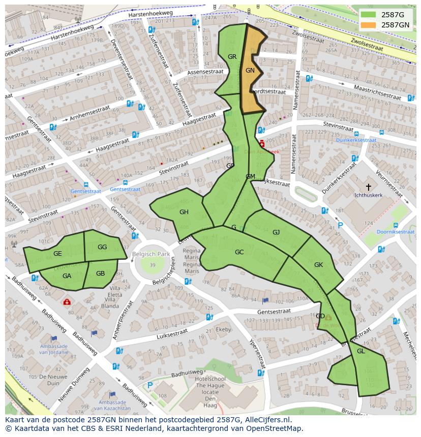 Afbeelding van het postcodegebied 2587 GN op de kaart.