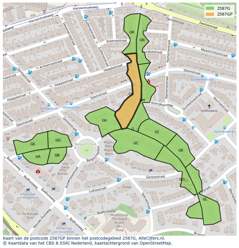 Afbeelding van het postcodegebied 2587 GP op de kaart.