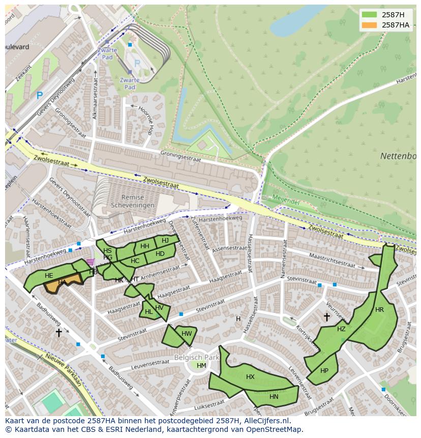 Afbeelding van het postcodegebied 2587 HA op de kaart.