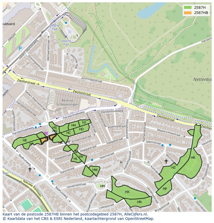 Afbeelding van het postcodegebied 2587 HB op de kaart.