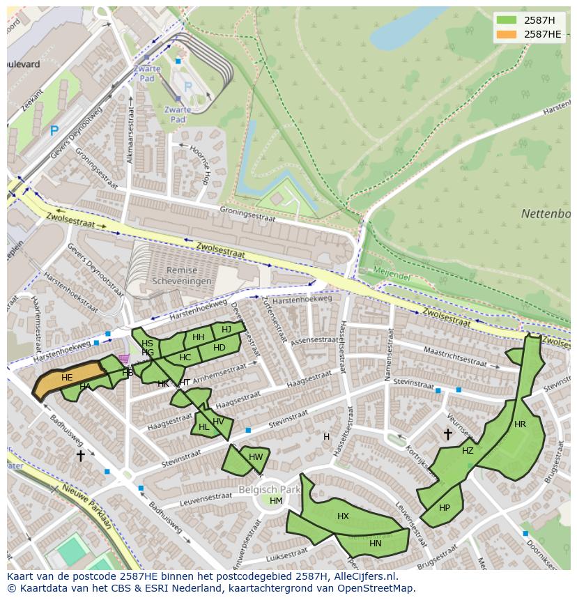Afbeelding van het postcodegebied 2587 HE op de kaart.