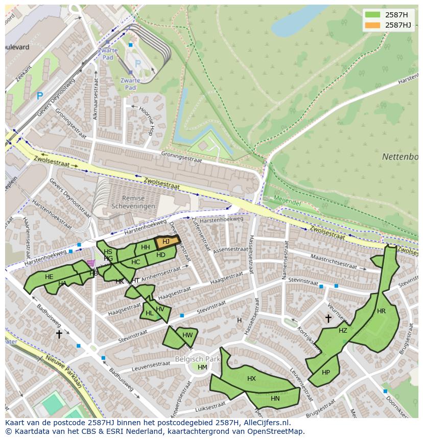 Afbeelding van het postcodegebied 2587 HJ op de kaart.