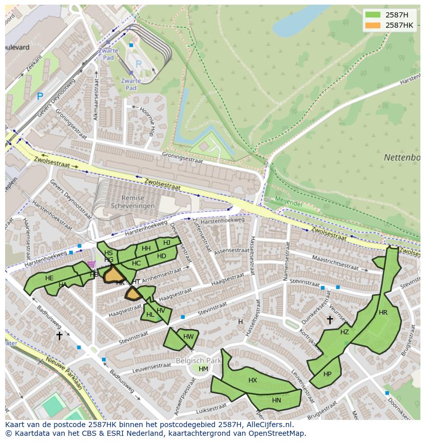 Afbeelding van het postcodegebied 2587 HK op de kaart.