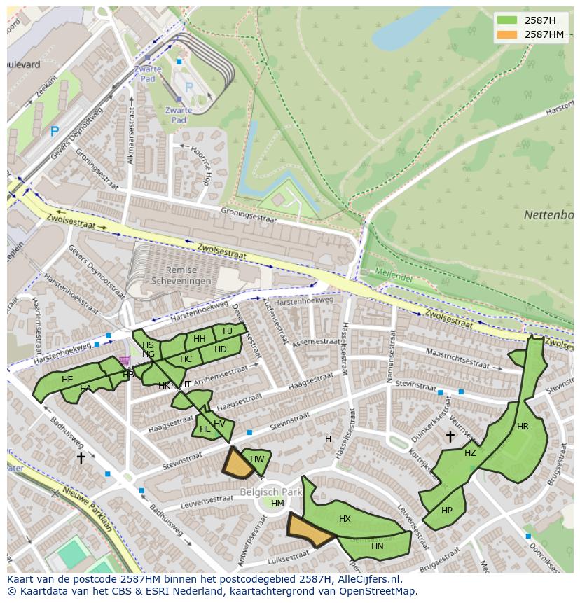 Afbeelding van het postcodegebied 2587 HM op de kaart.