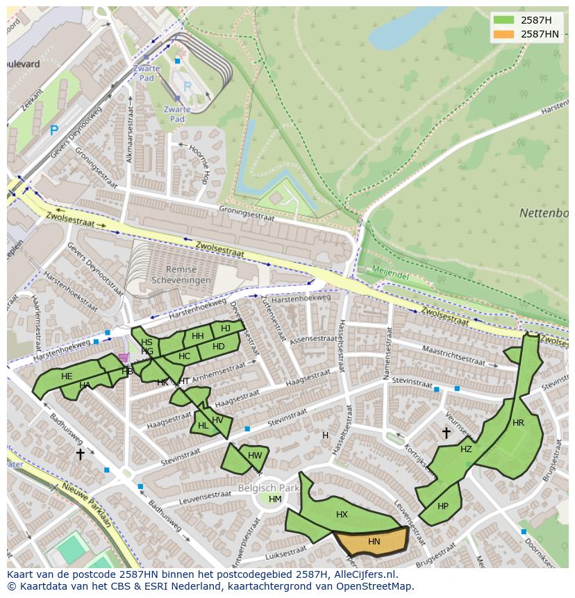 Afbeelding van het postcodegebied 2587 HN op de kaart.