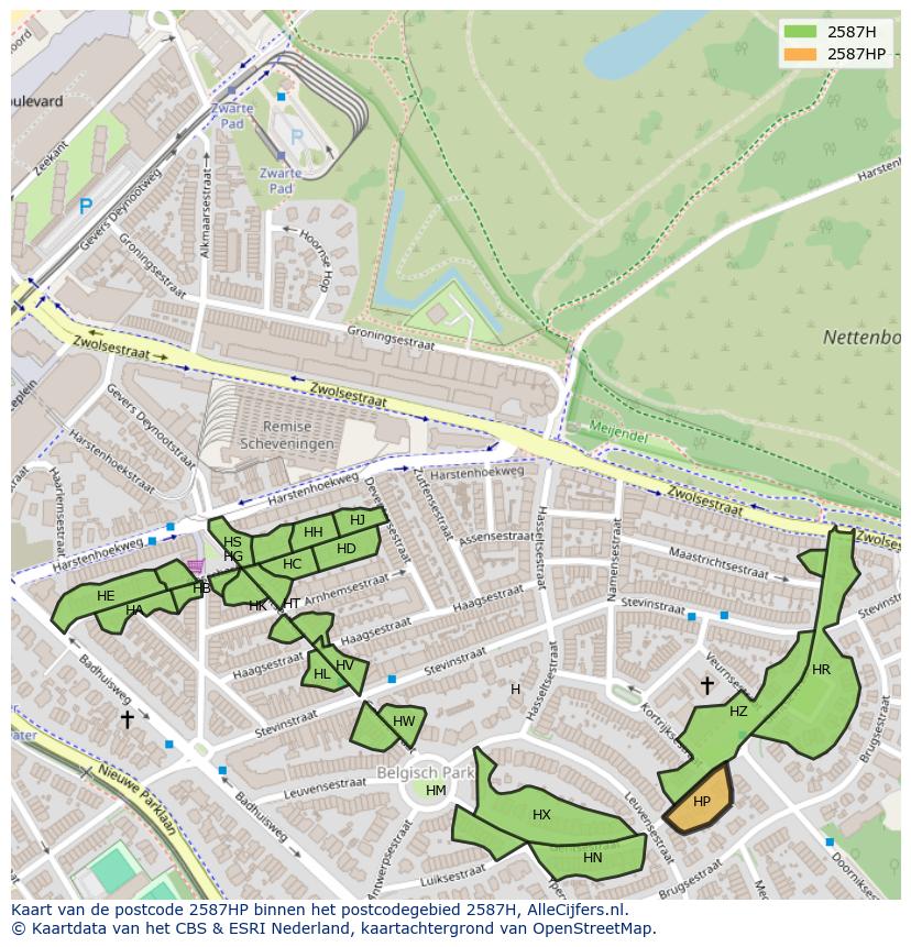 Afbeelding van het postcodegebied 2587 HP op de kaart.