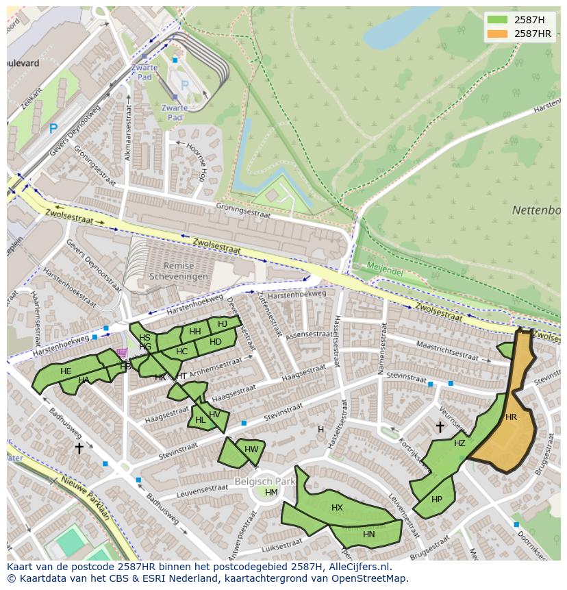 Afbeelding van het postcodegebied 2587 HR op de kaart.