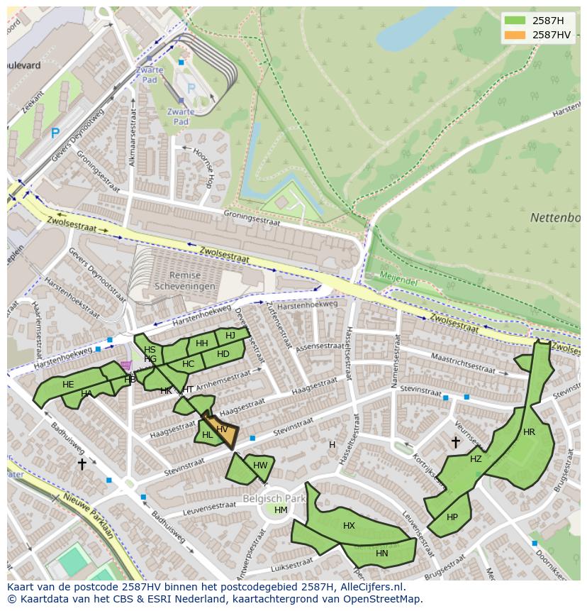 Afbeelding van het postcodegebied 2587 HV op de kaart.