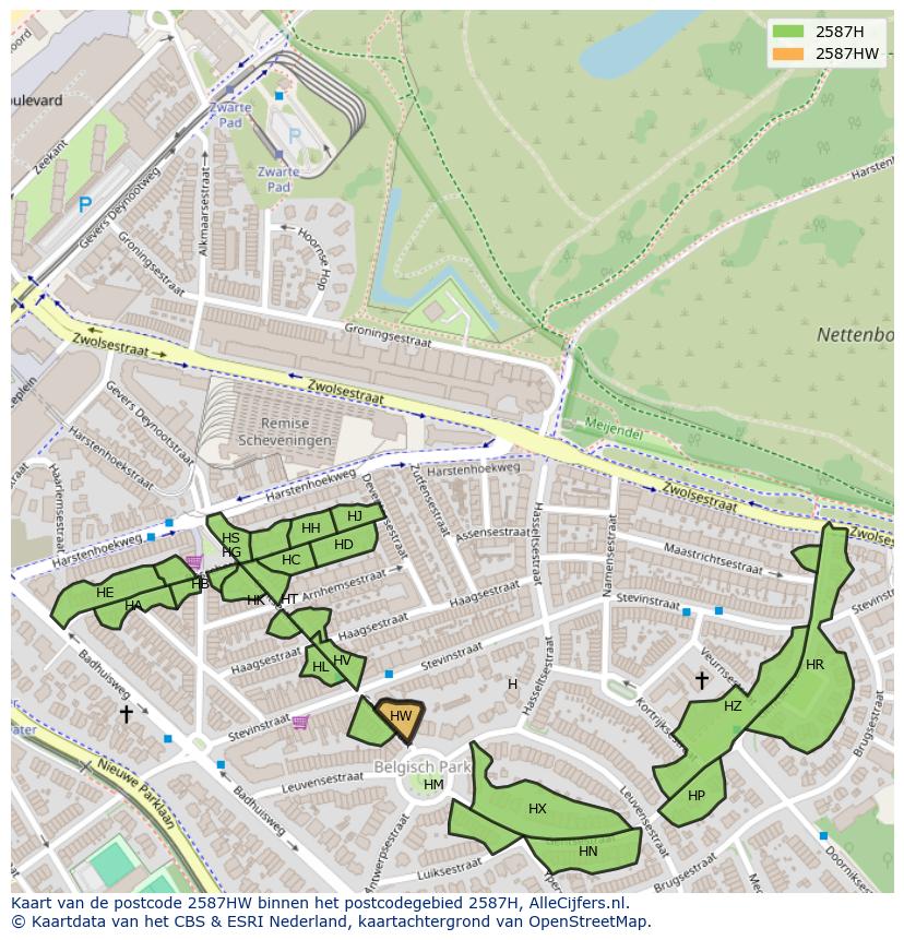 Afbeelding van het postcodegebied 2587 HW op de kaart.