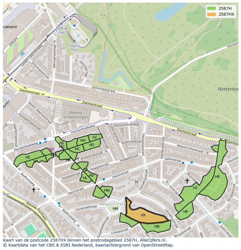 Afbeelding van het postcodegebied 2587 HX op de kaart.