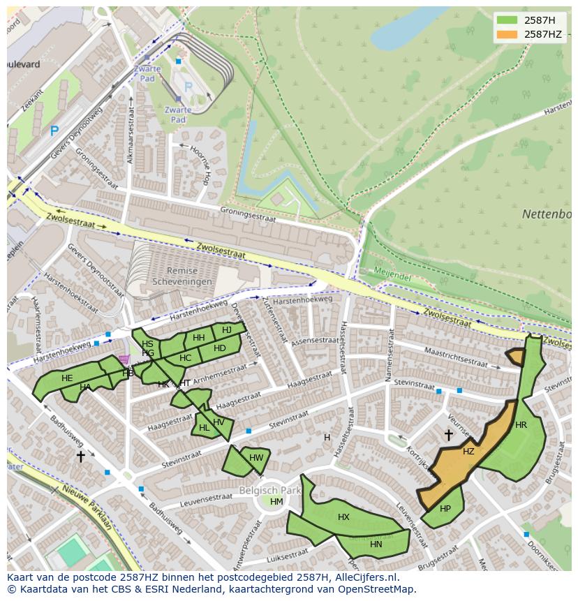Afbeelding van het postcodegebied 2587 HZ op de kaart.