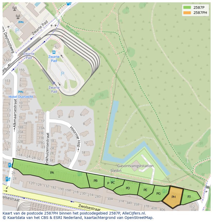 Afbeelding van het postcodegebied 2587 PH op de kaart.