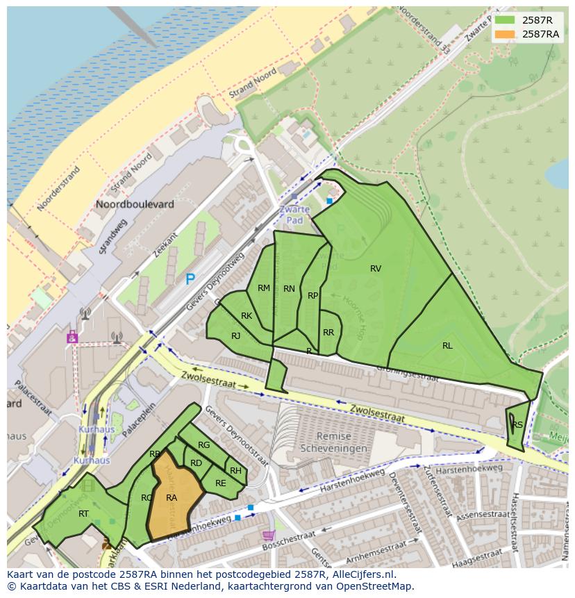 Afbeelding van het postcodegebied 2587 RA op de kaart.