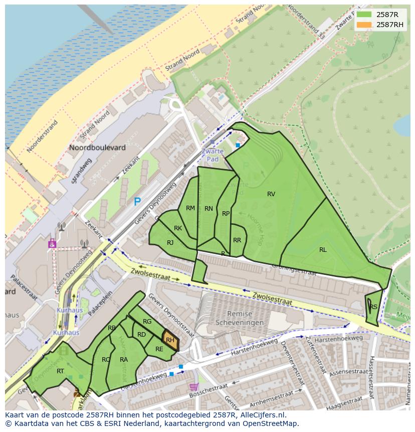 Afbeelding van het postcodegebied 2587 RH op de kaart.