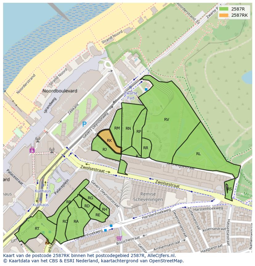 Afbeelding van het postcodegebied 2587 RK op de kaart.