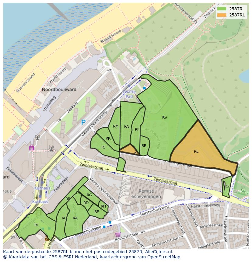 Afbeelding van het postcodegebied 2587 RL op de kaart.