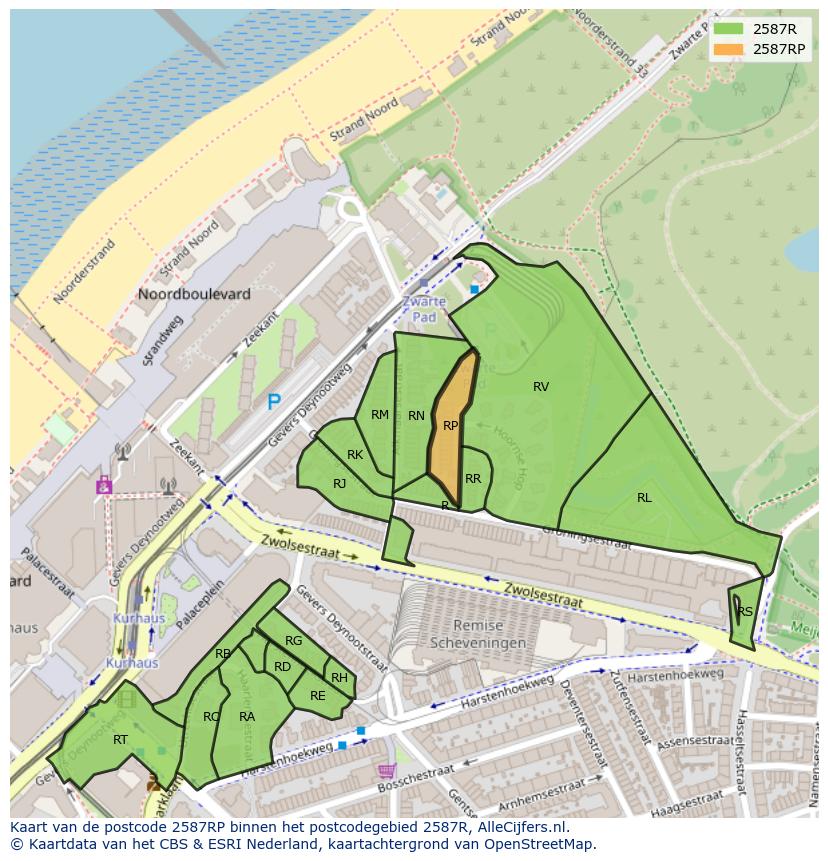 Afbeelding van het postcodegebied 2587 RP op de kaart.
