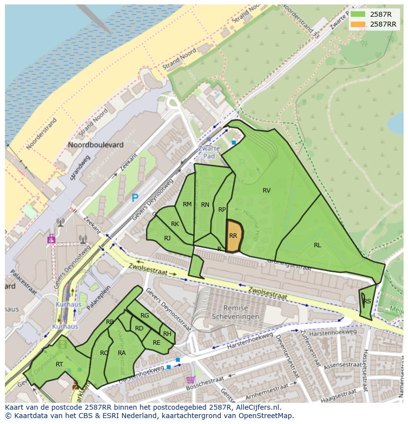 Afbeelding van het postcodegebied 2587 RR op de kaart.