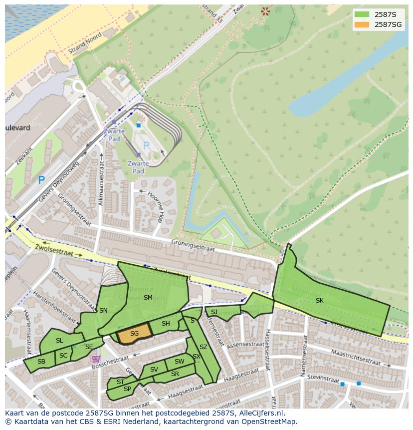 Afbeelding van het postcodegebied 2587 SG op de kaart.