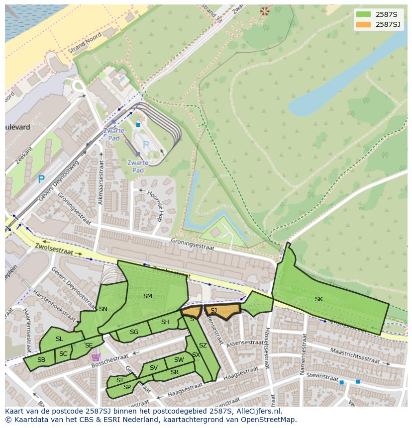 Afbeelding van het postcodegebied 2587 SJ op de kaart.