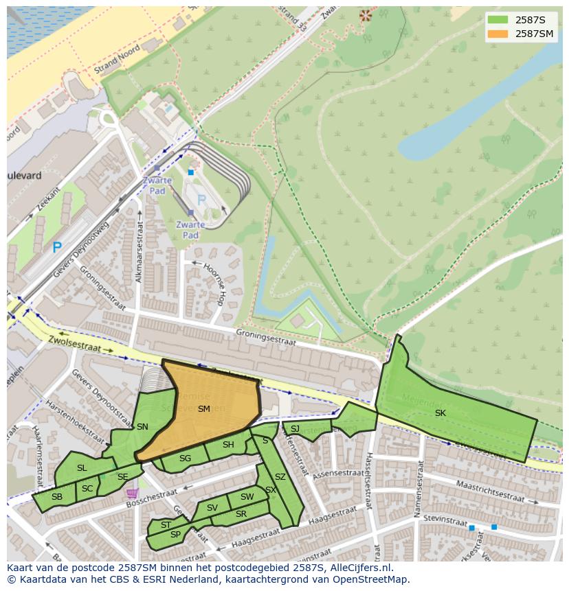 Afbeelding van het postcodegebied 2587 SM op de kaart.
