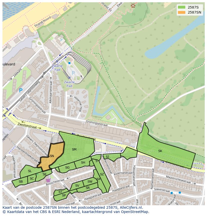 Afbeelding van het postcodegebied 2587 SN op de kaart.