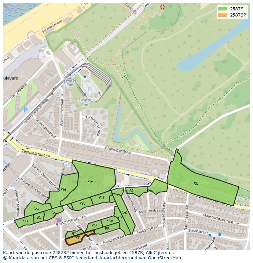 Afbeelding van het postcodegebied 2587 SP op de kaart.