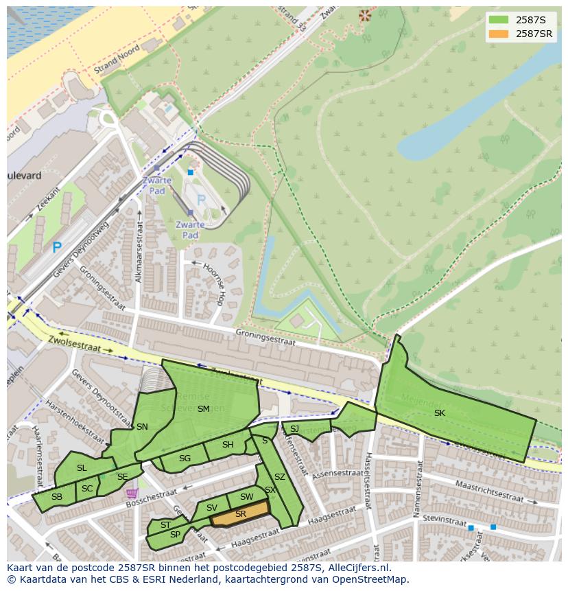Afbeelding van het postcodegebied 2587 SR op de kaart.