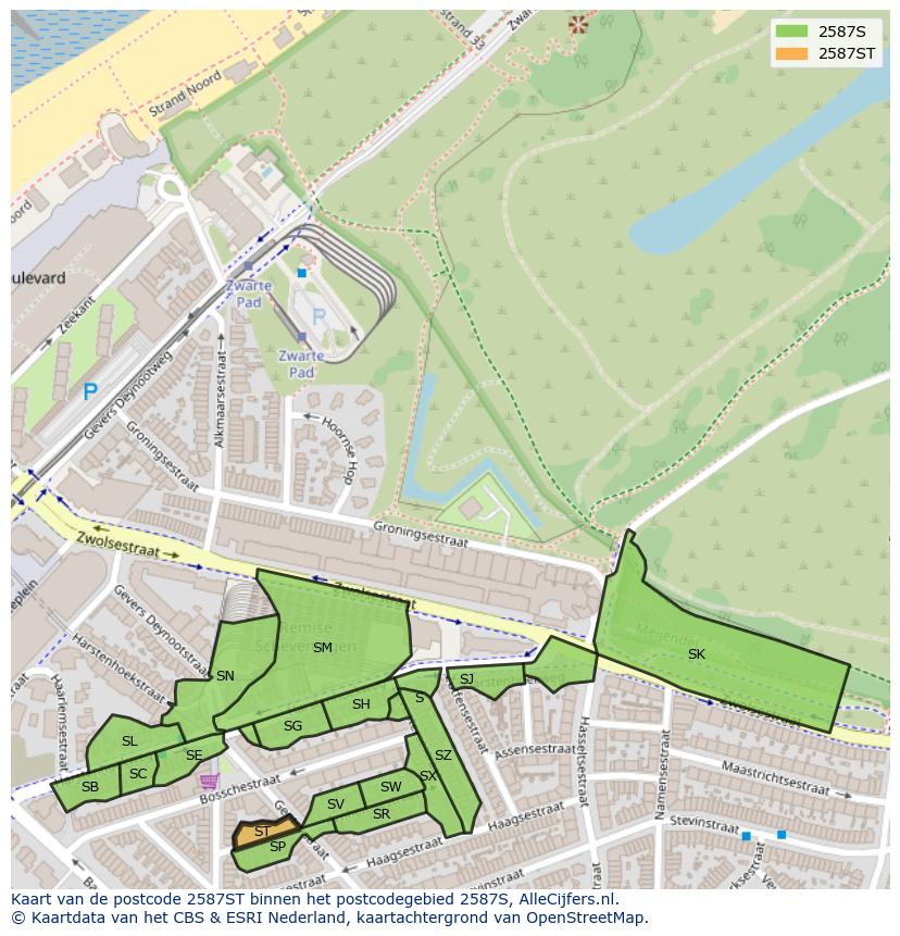 Afbeelding van het postcodegebied 2587 ST op de kaart.