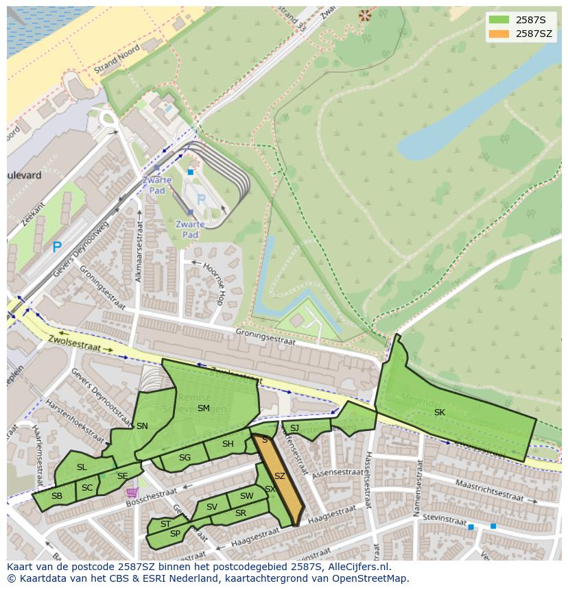 Afbeelding van het postcodegebied 2587 SZ op de kaart.