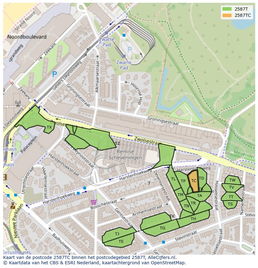 Afbeelding van het postcodegebied 2587 TC op de kaart.
