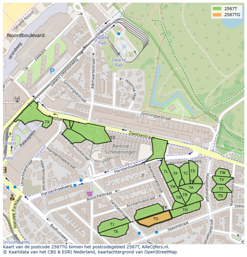 Afbeelding van het postcodegebied 2587 TG op de kaart.
