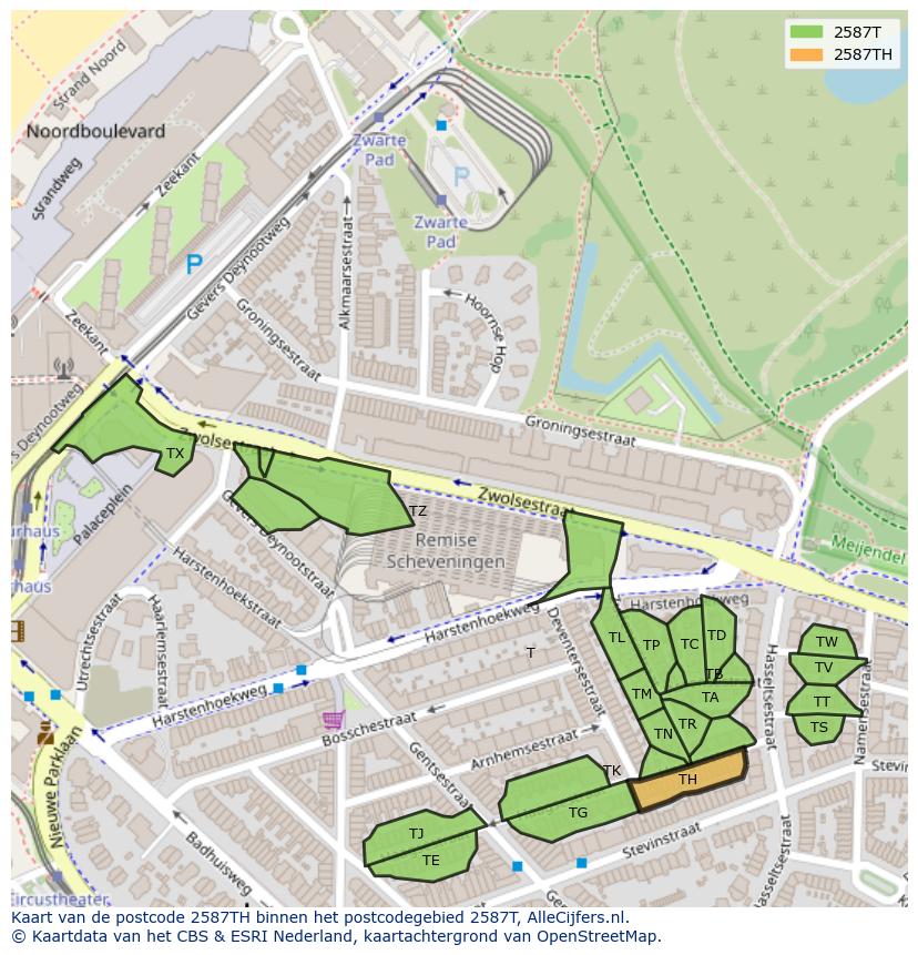 Afbeelding van het postcodegebied 2587 TH op de kaart.