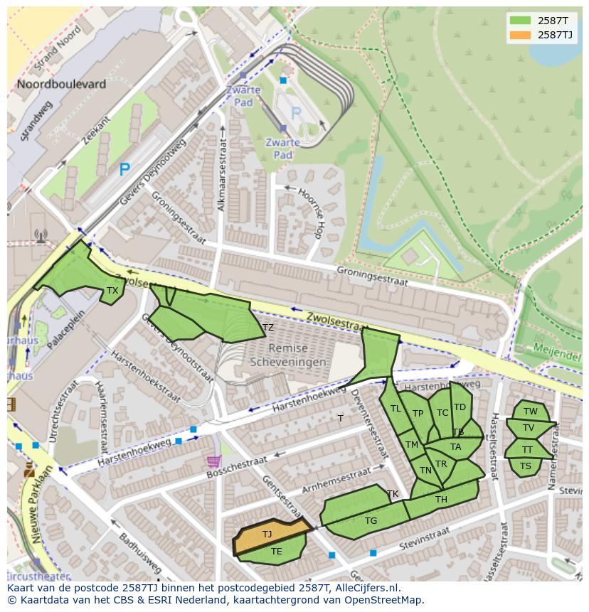 Afbeelding van het postcodegebied 2587 TJ op de kaart.