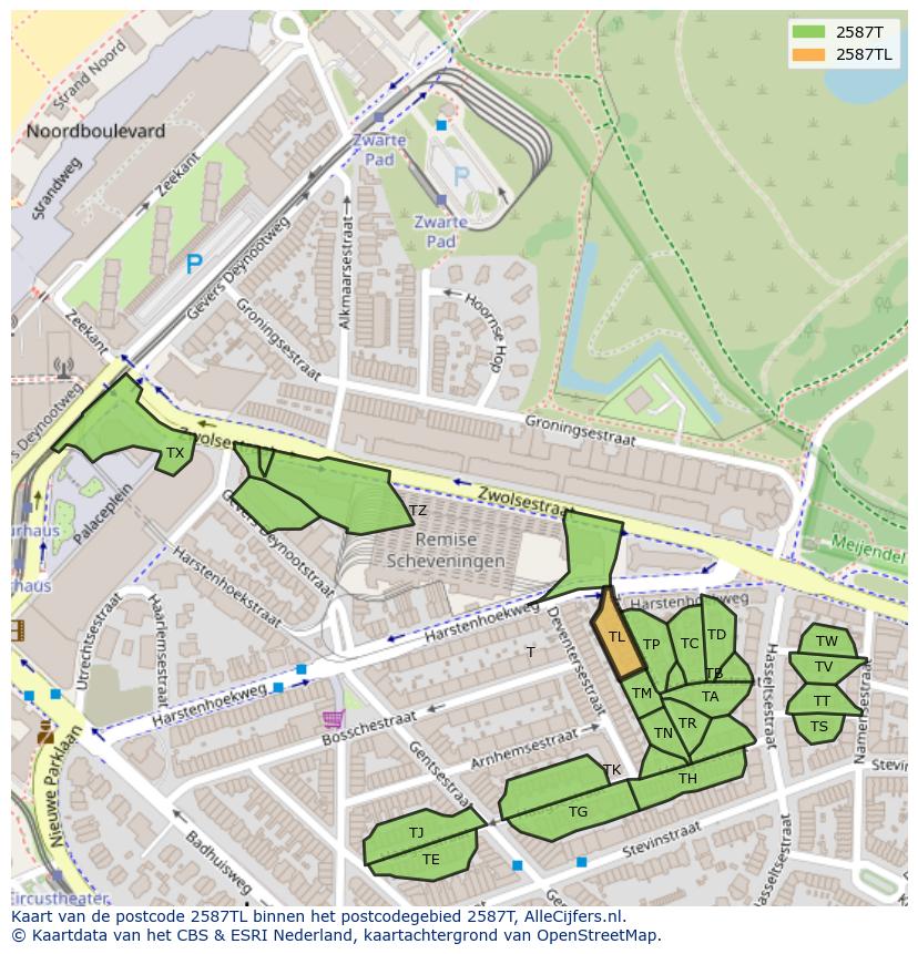 Afbeelding van het postcodegebied 2587 TL op de kaart.