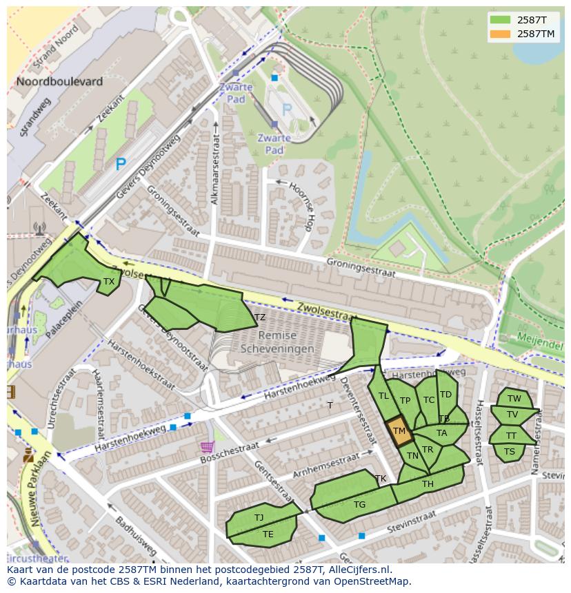 Afbeelding van het postcodegebied 2587 TM op de kaart.