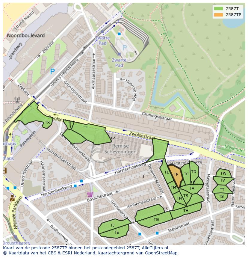 Afbeelding van het postcodegebied 2587 TP op de kaart.