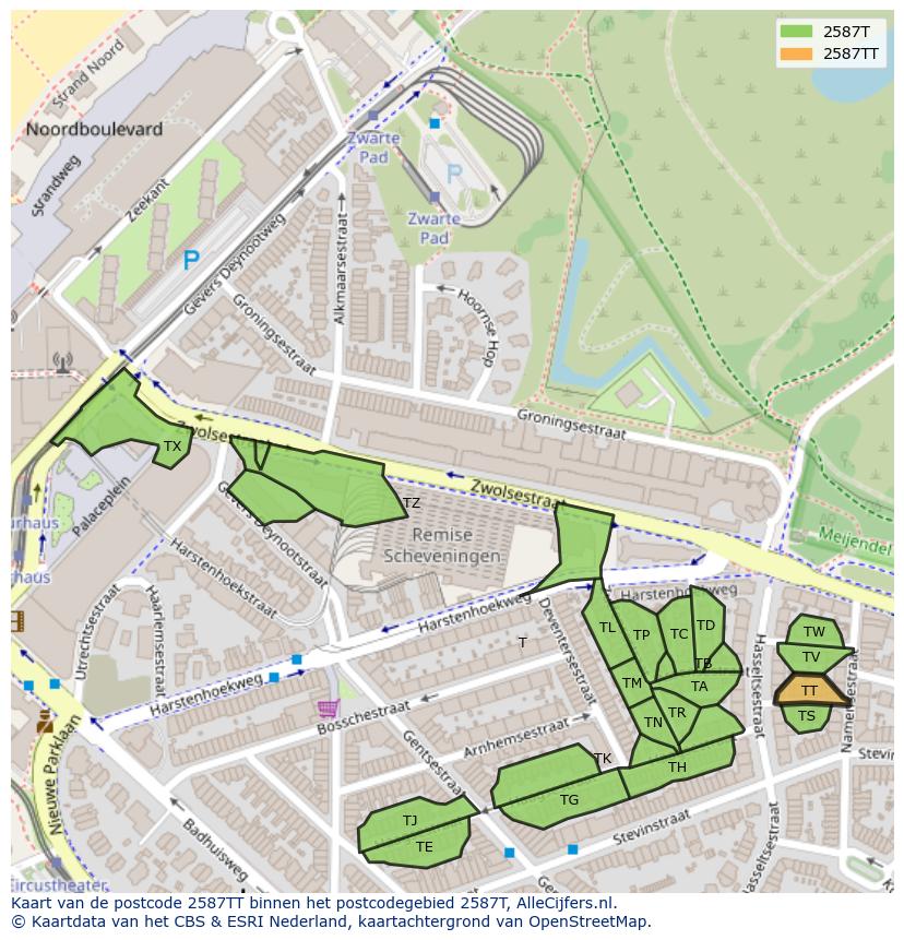 Afbeelding van het postcodegebied 2587 TT op de kaart.
