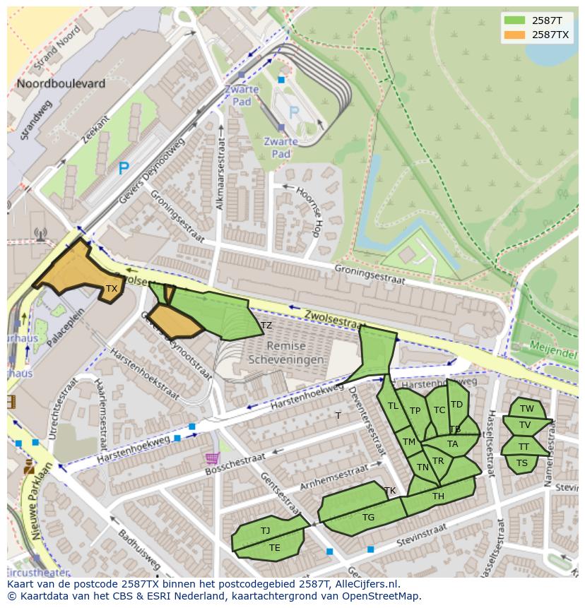 Afbeelding van het postcodegebied 2587 TX op de kaart.