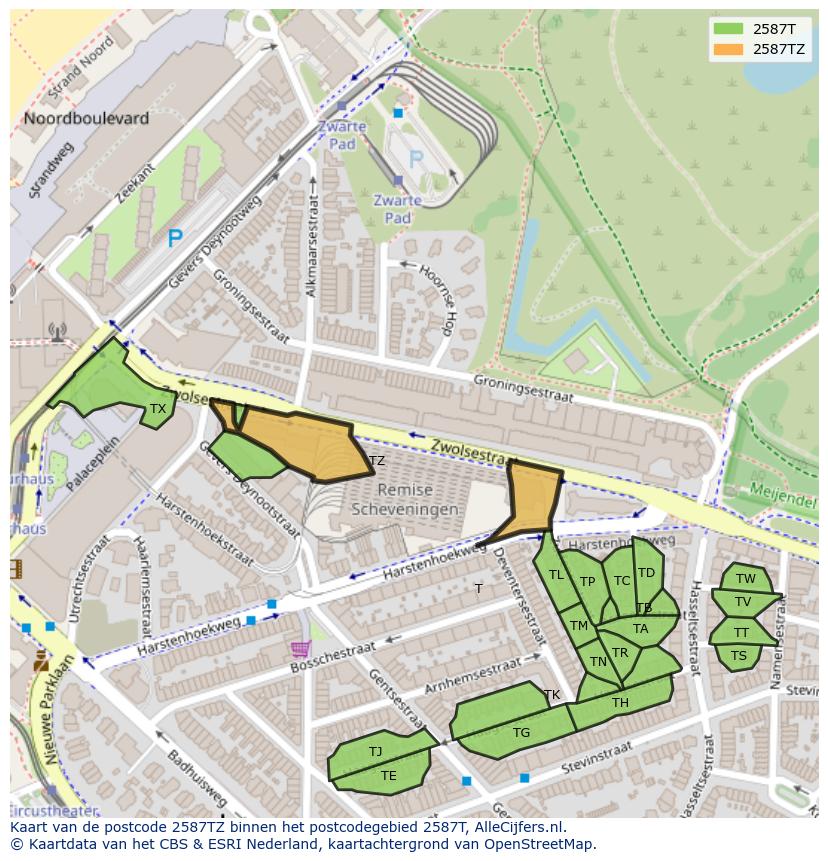 Afbeelding van het postcodegebied 2587 TZ op de kaart.